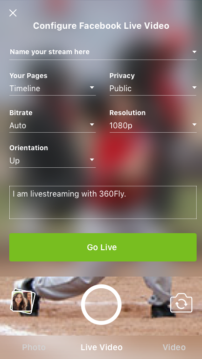 Facebook Live Stream configuration screen
